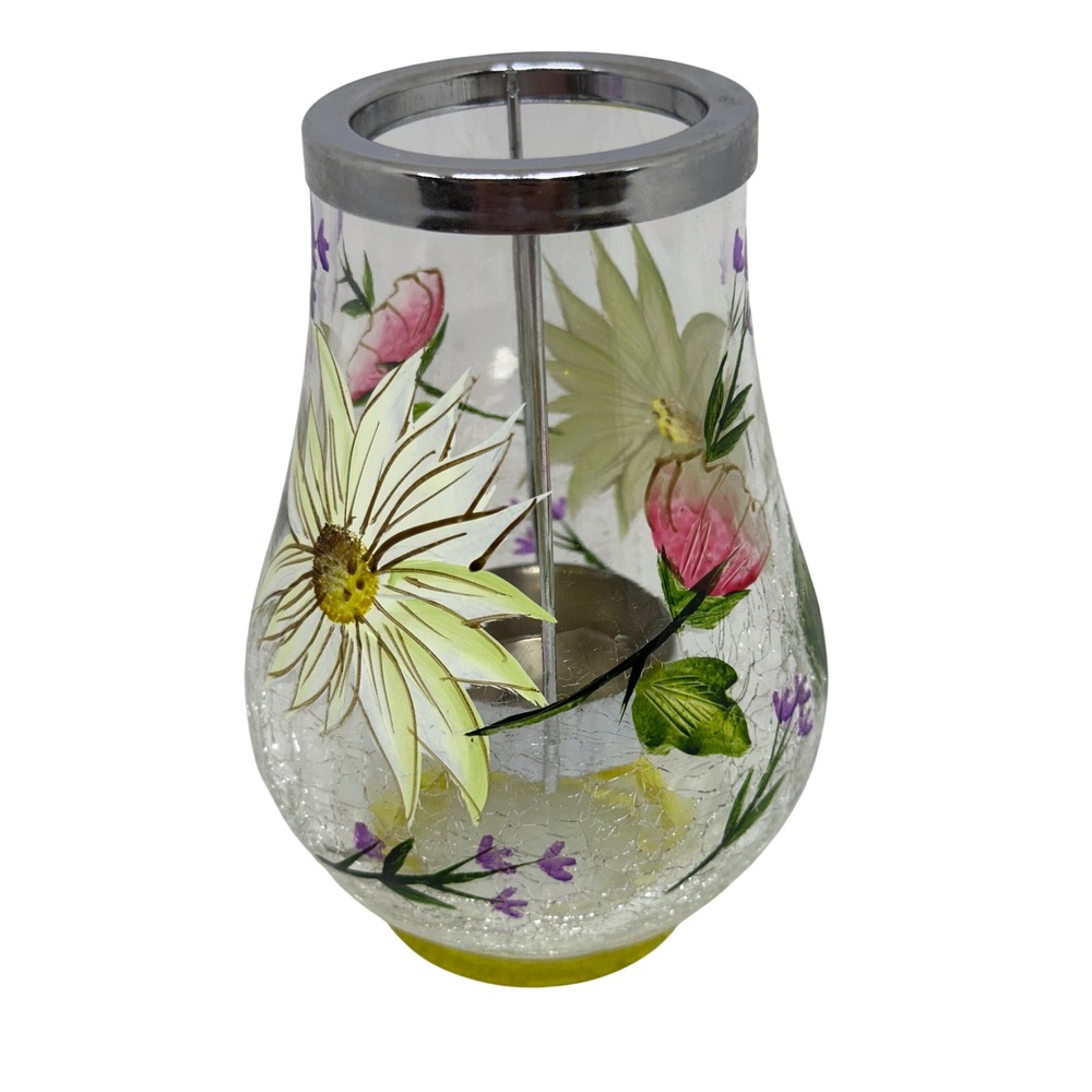 Hand Painted Floral Crackle Glass Tea Light Candle Holder Clear Yellow Green